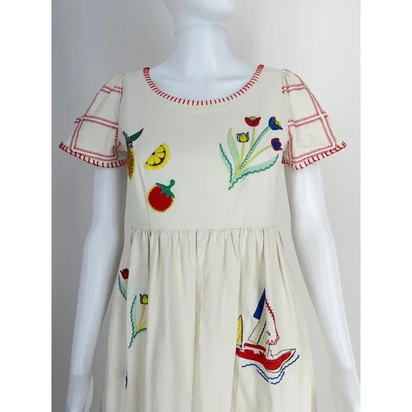 Hunter Bell Embroidered Midi Dress Cream Fruit Sailboat Beach Scene Size 0